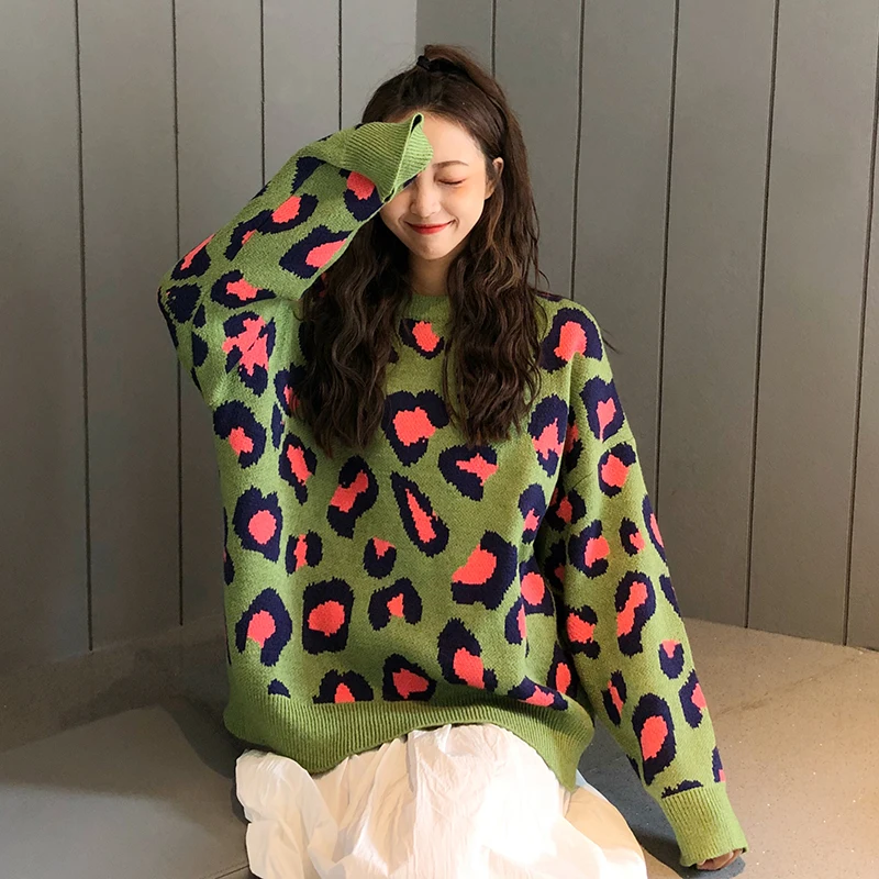 Женский свободный пуловер ulzzang Повседневный контрастной расцветки с леопардовым