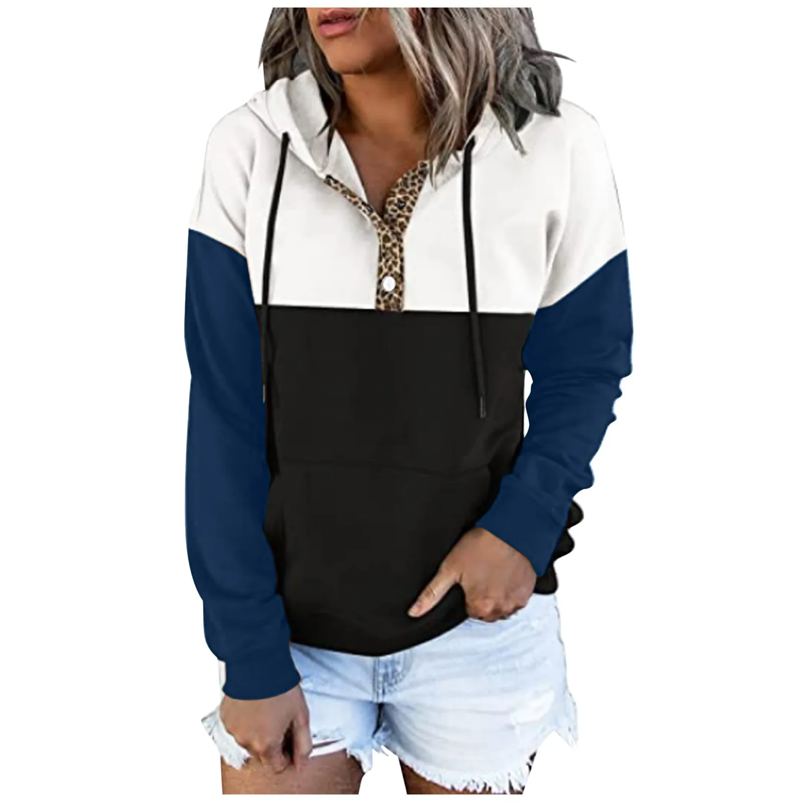 

Ladies Casual Printed Leopard Print Stitching Color Button Hooded Drawstring Long-sleeved Hooded Sweater Top Sweatshirt