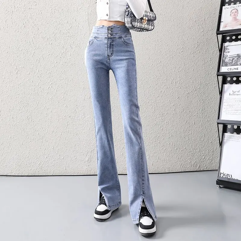 

Женские джинсы с высокой талией и разрезом, черные Однотонные эластичные брюки-клеш из денима, модель P901 на весну и осень, 2022