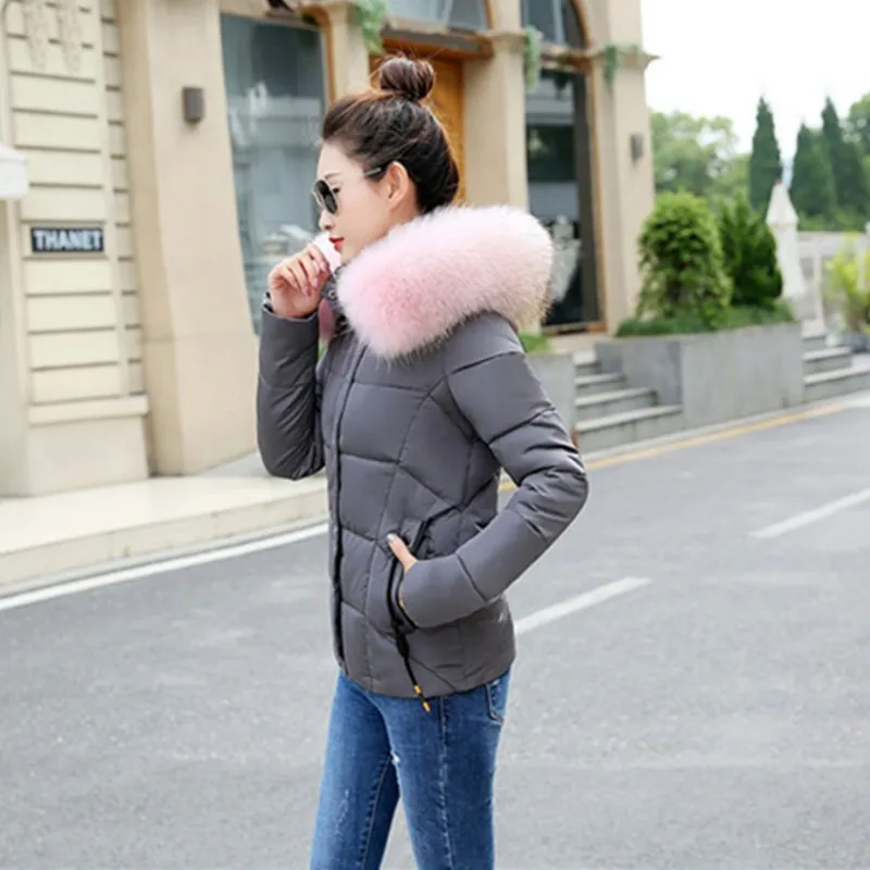 Gray-pink collar Качественная зимняя куртка женские парки для пальто Модные женские пуховики с капюшоном с большим воротником из искусственного меха осеннее теплое пальто - Цвет: Gray-pink collar