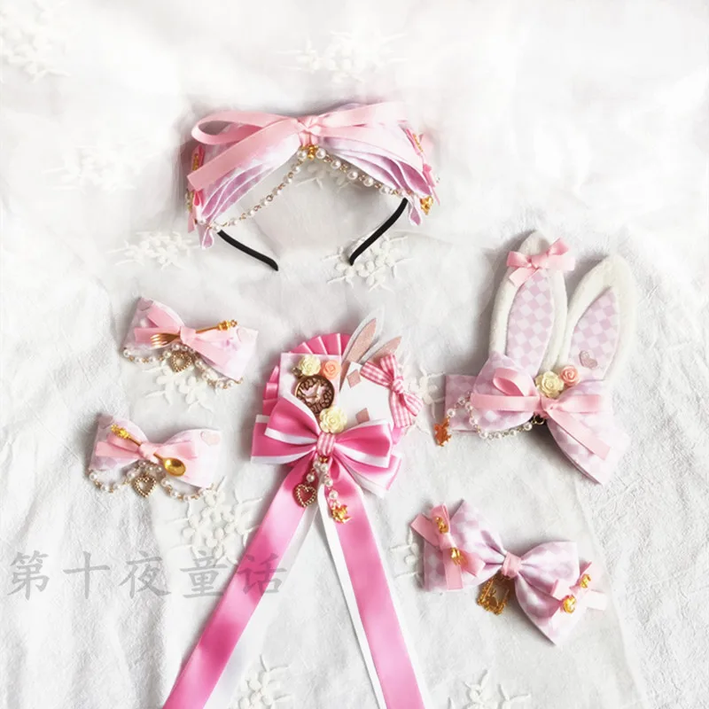 

Alice Lolita Pink White Grid Headdress Women Sweet Bowknot Cute Hairpin Rabbit Ears Side Clip Pearl Chain KC Hair Hoop Headband