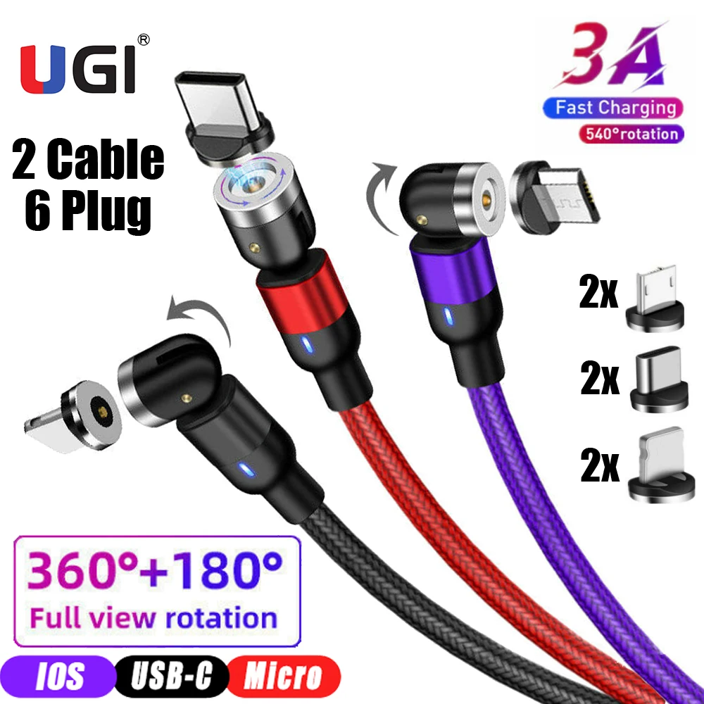 

UGI 2Pack ( 2 Cable + 6 Plug ) 3 in 1 540 Fast Charging Magnetic Cable For IOS Cable Type C USB C Cable Micro USB Android Cable