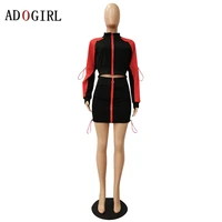 Adogirl Fashion Patchwork Zipper Tracksuit Women Autumn Winter 2 Piece Skirt Set Long Sleeve Crop Tops And Mini Skirt Streetwear