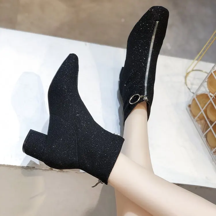 Женские сапоги носки на Высоком толстом каблуке с блестками цвет черный