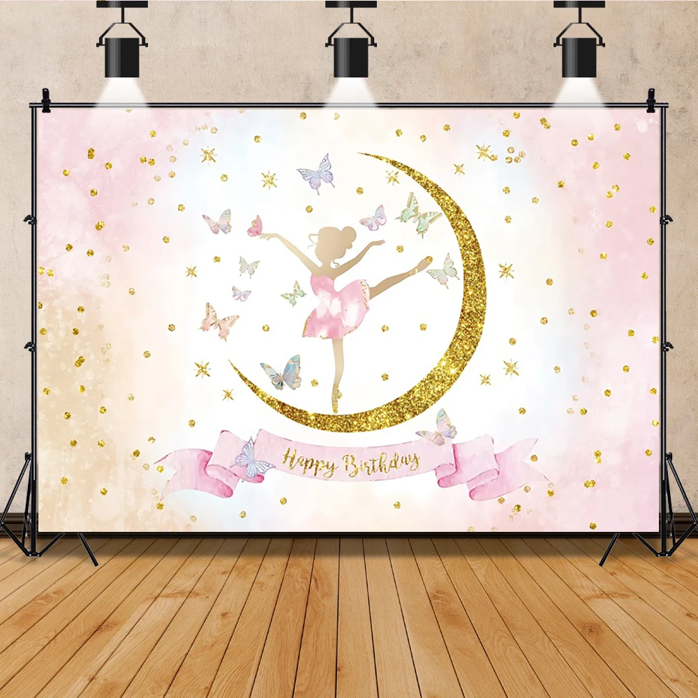 

Pink Princess Birthday Backdrop Baby Shower Party Butterfly Gold Moon Diamond Dot Photography Background For Photo Studio Banner