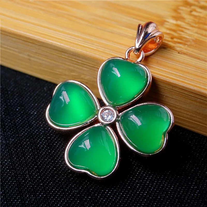 Natural Ice Seed Green Chalcedony Four-Leaf Clover Pendant 925 Silver Lnlaid Chalcedony Necklace Pendant Women Jewelry Gift
