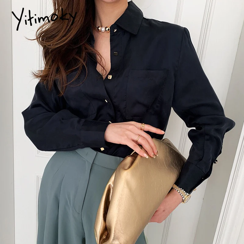 Yitimoky Blouse Women Tops Clothing Solid Office Lady 2021 Spring Autumn French Spain Fashion Vintage Shirts Turn-down Collar
