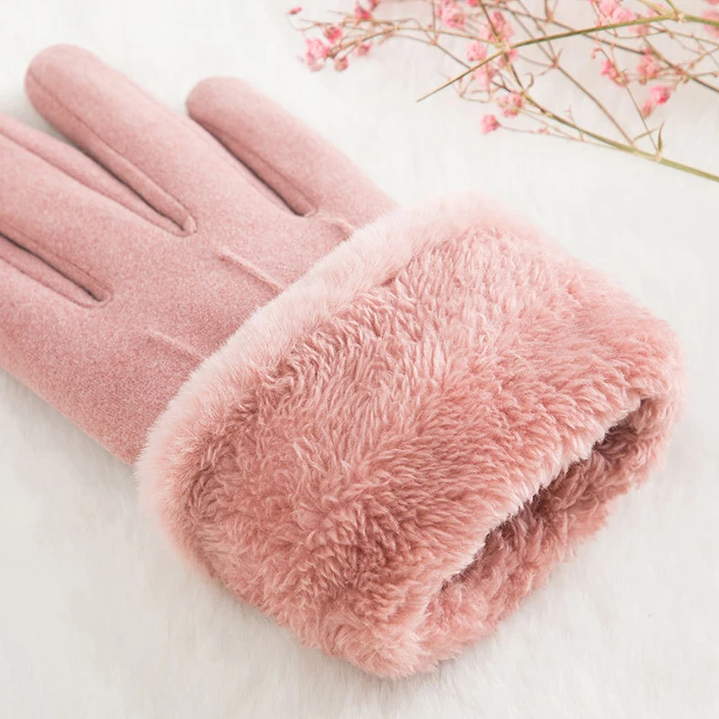 

New Winter Female Lace Warm Cashmere Three Ribs Mittens Double thick Plush Wrist Women Touch Screen Driving Gloves