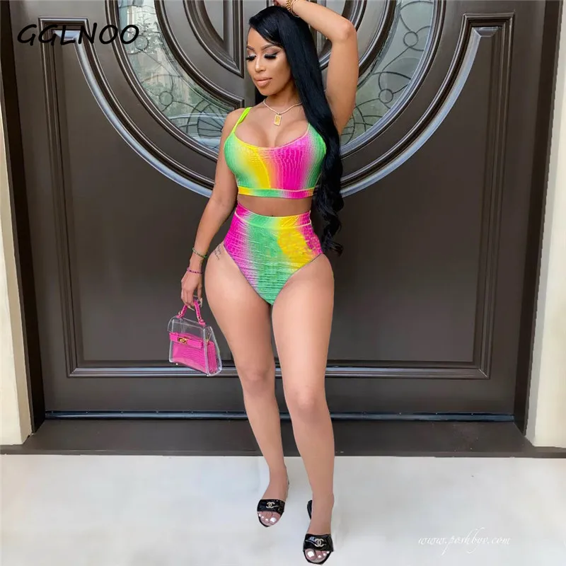 

GGLNOO Colorful Striped Women Bikinis Set 2021 Print Spaghetti Strap Vest Tops Bathing Suits Swimsuit Bikini Beach Party Wear