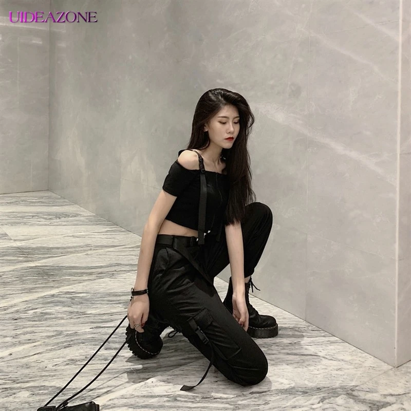 UIDEAZONE модные спортивные штаны для женщин черный пояс уличная одежда лоскутные