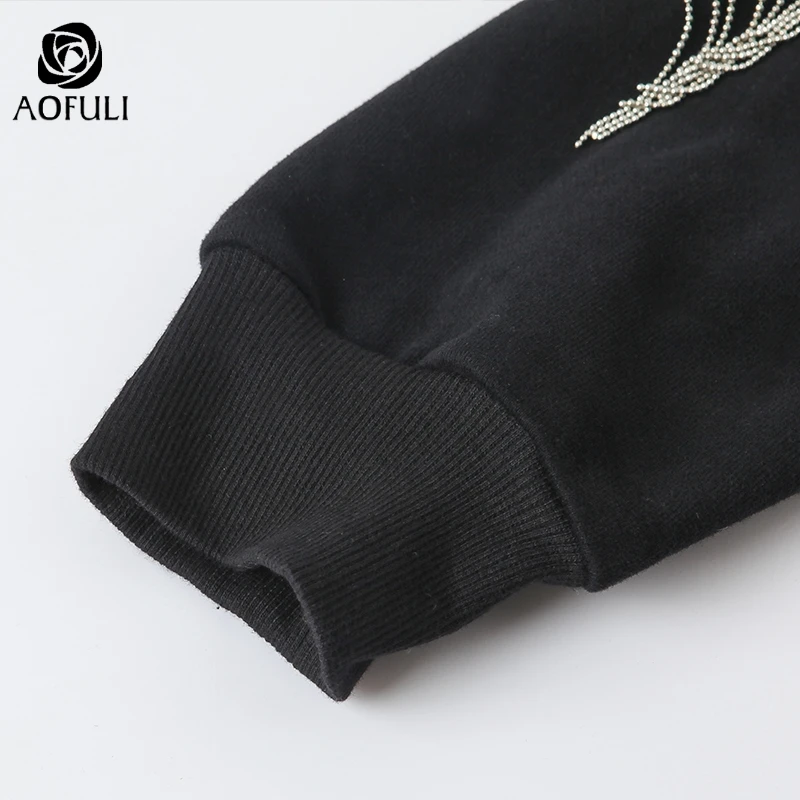 L~ 4XL 5XL Beadings Tassel Women Cotton Sweatshirt Black Long Batwing Sleeve Tee Shirt Big Size Ovesize Casual Tops AOFULI A4074