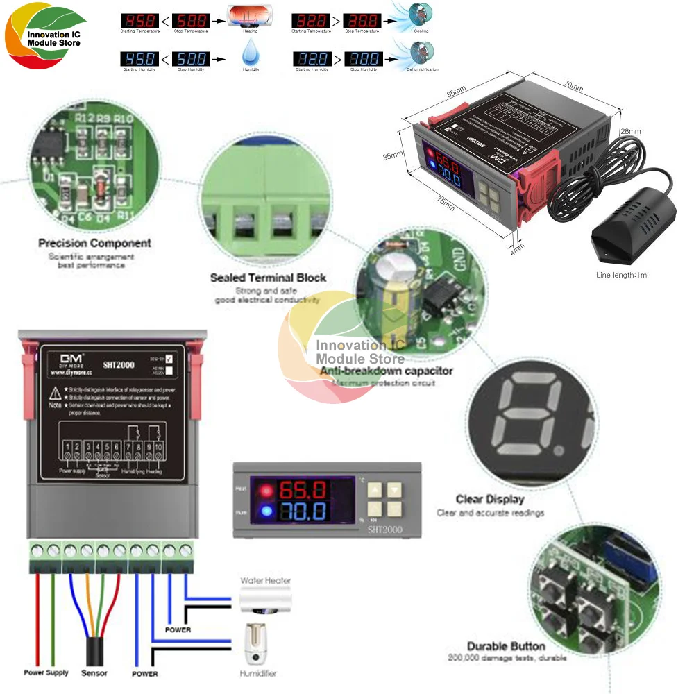

SHT2000 Digital Display Temperature and Humidity Controller 10A DC12-72V Wide Voltage With SHT20 Temperature and Humidity Sensor