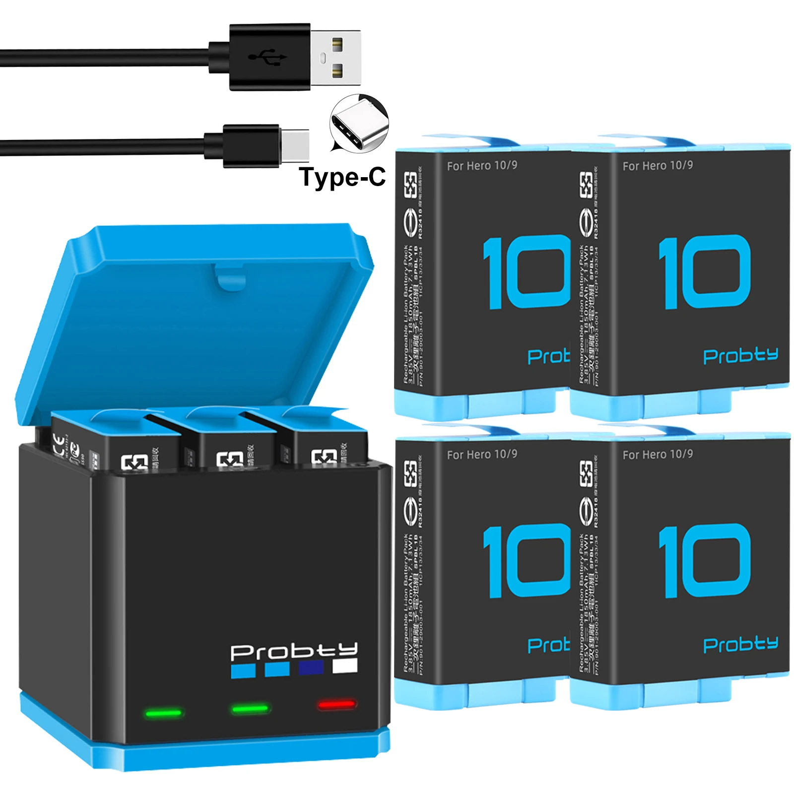 Зарядное устройство со светодиодной подсветкой и 3 слотами для карт GoPro Hero 10 9 1850