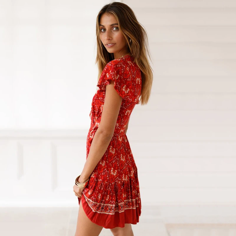 Summer 2020 Bohemia Short dress Women's Retro Deep V-neck Sleeve Printing High Waist a Line Vestoidos Muser | Женская одежда