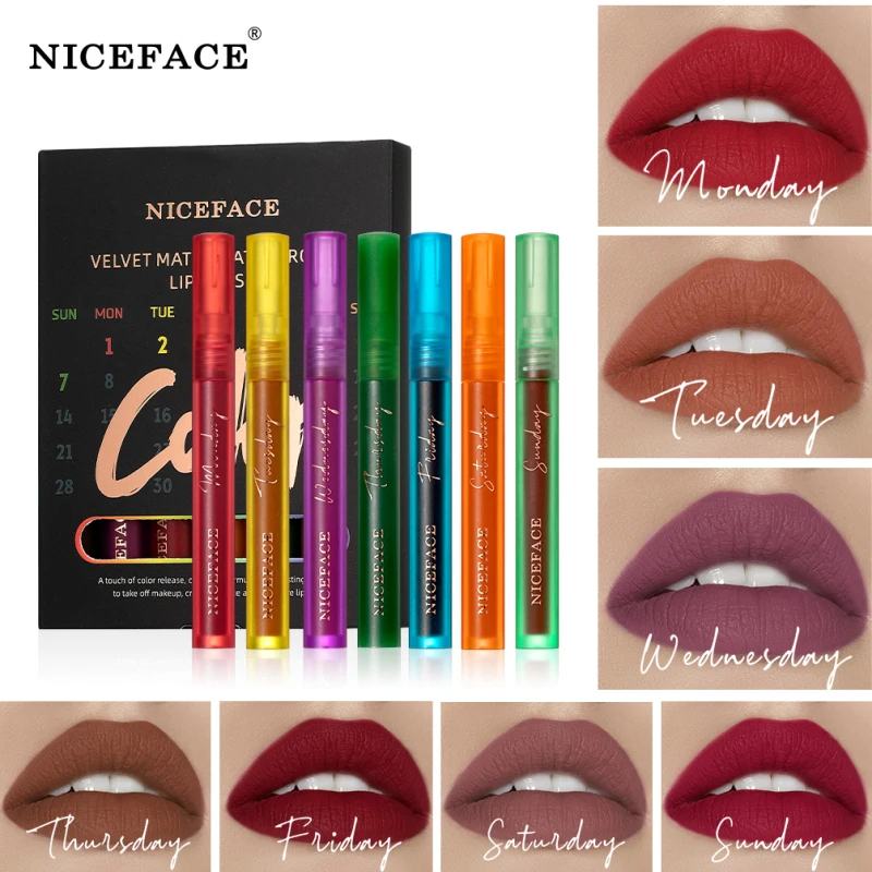 

7Pcs/box Niceface Natural Lip Gloss Moisturizing Long Lasting No Fading Non-stick Cup Sexy Silky Velvet Matte Lip Makeup TSLM1