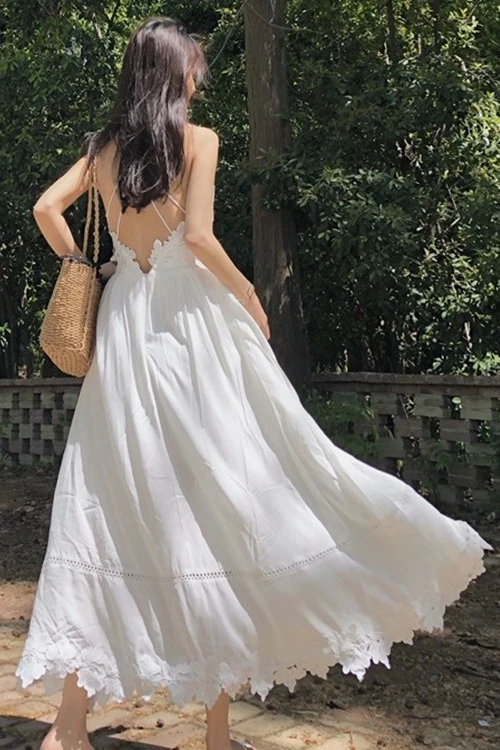 

Sexy spaghetti sling party dress women's open back Ruffle high waist dress women's 2020 fashion white bohemian dress Robe Sexy