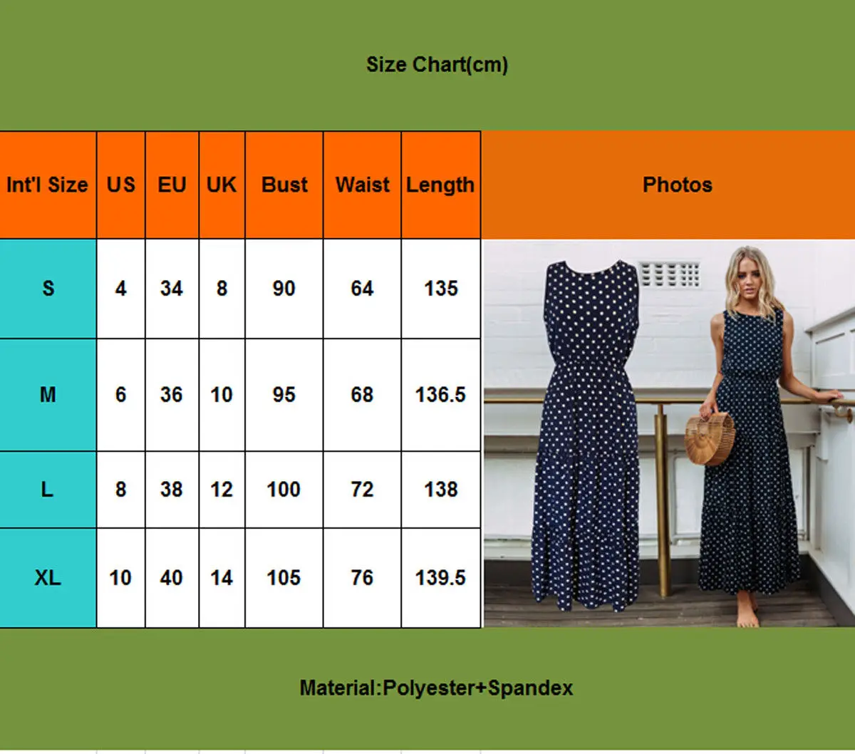 

Summer Bohemian Sweet Causal Women Ladies Dress Sleeveless Dot Print Blue High Waist Ankle-Length Dress Sundress