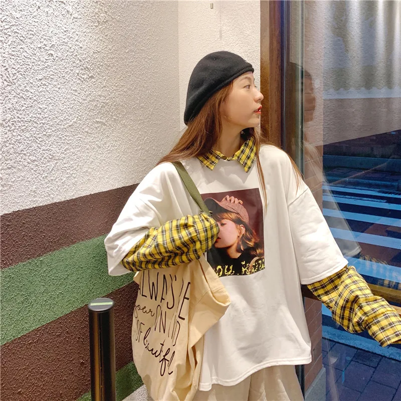 Толстовки женские в стиле пэчворк в Корейском стиле Harajuku с отложным воротником в стиле хип-хоп Студенческая модная Женская одежда оверсайз пуловер для отдыха