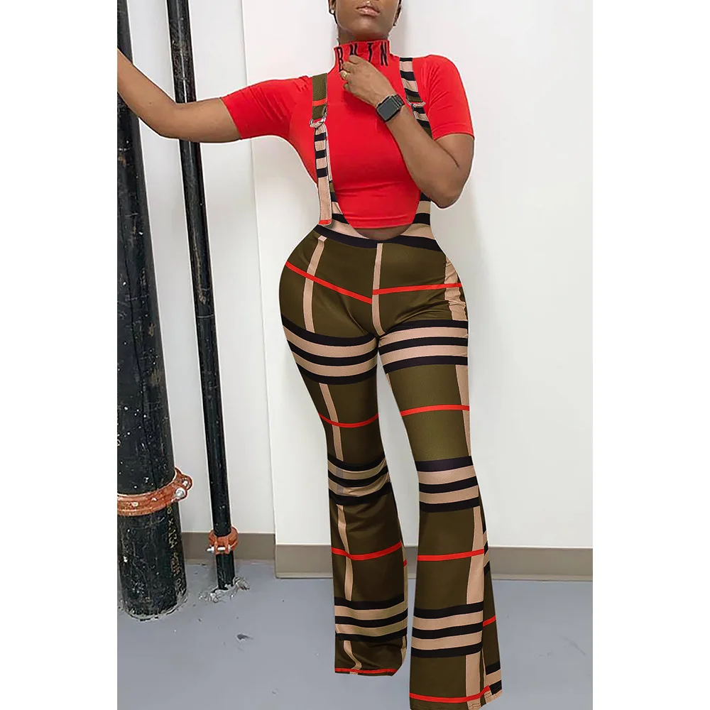 

Women Fashion Plaid Bodycon Overalls Pants Lady Spring Autumn Casual Skinny Fit Stretchy Flare Pants Jumpsuits Outfit Streetwear