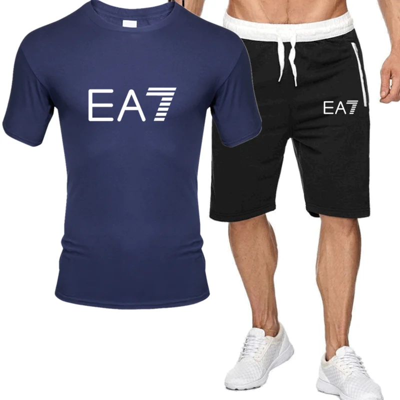 

EA7 Summer Men's New Top Print Tracksuit Casual Short Set Men Cotton Sports Suit T-Shirt+Shorts 2 Piece Set
