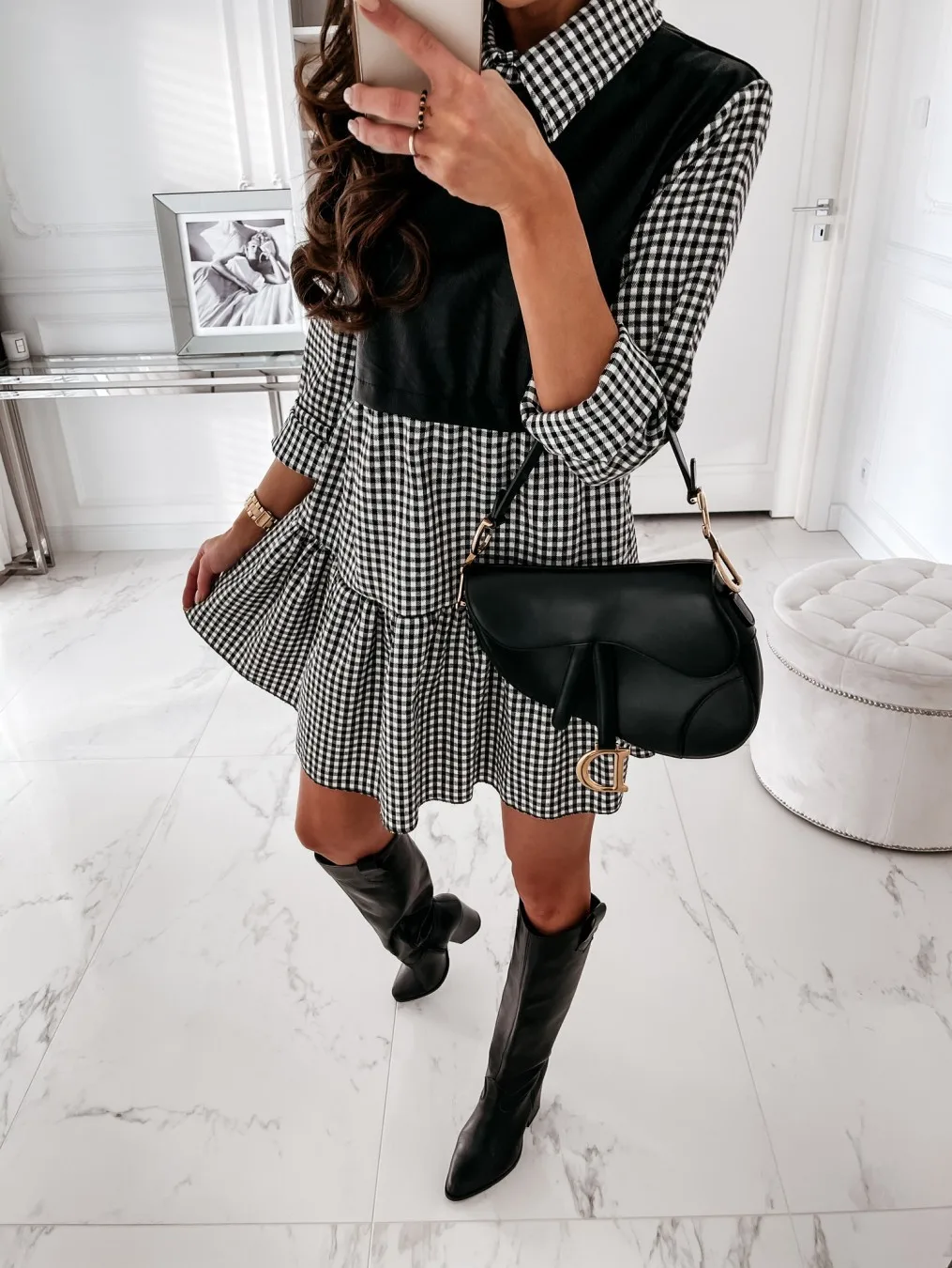 

wsevypo Autumn New Women Color Block Mini Shirts Dress Office Lady 3/4 Sleeve Turn-down Collar Mini Ruffles A-line Party Wear