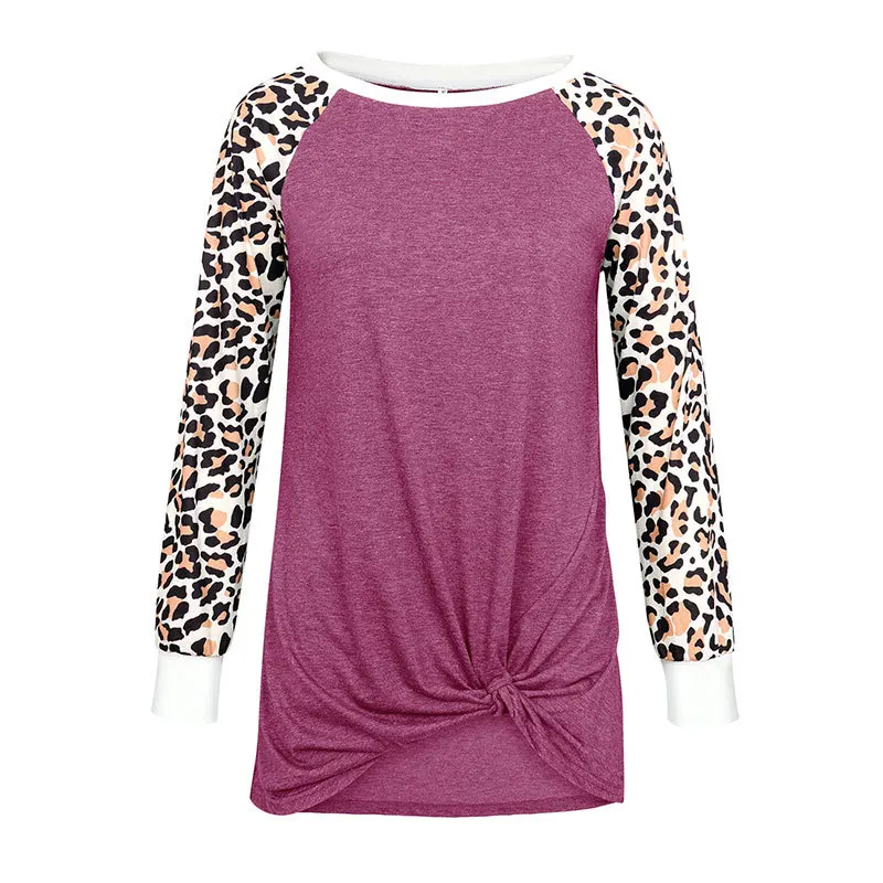 

2019 Autumn Long Sleeve T-shirt Fashion Casual Tshirt Women Leopard Patchwork Shirt O-Neck Loose Tops 5 Colour