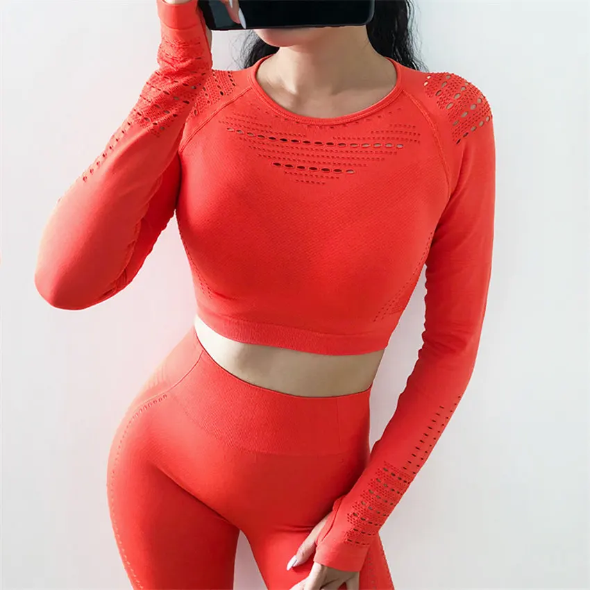 orange Suit Спортивный костюм из 2 предметов, Женский безупречный бесшовный укороченный топ и леггинсы фитнес-одежда высокого качества для йоги - Цвет: orange Suit