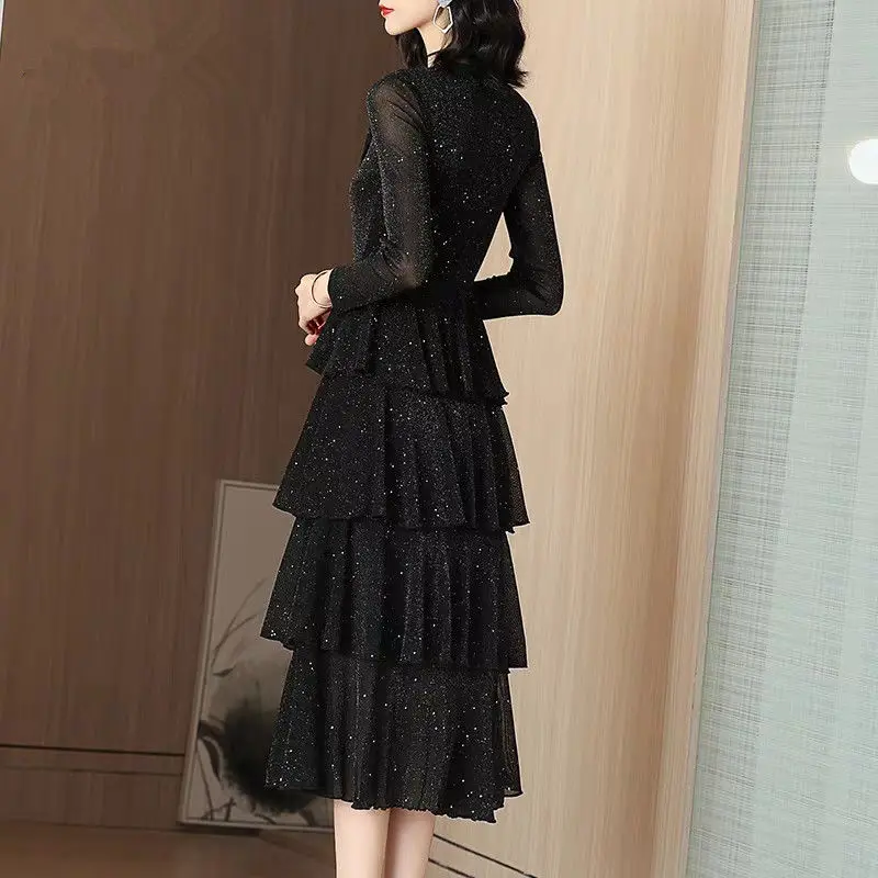 

Lace Dress Women Spring Vintage Solid Bow Party Long Fashion Elegant Long Sleeve Ruffles Elegant Dresses Femme Vestidos E154