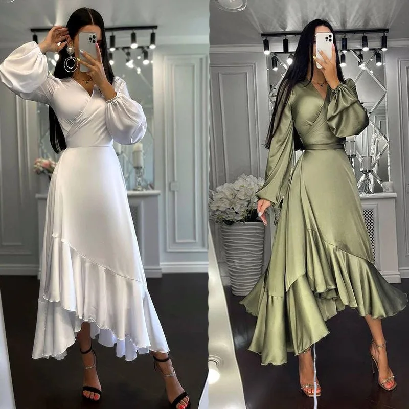 

2021 Fall and Winter Deep V Long Sleeve Dress Solid Color Slim Fit Dresses