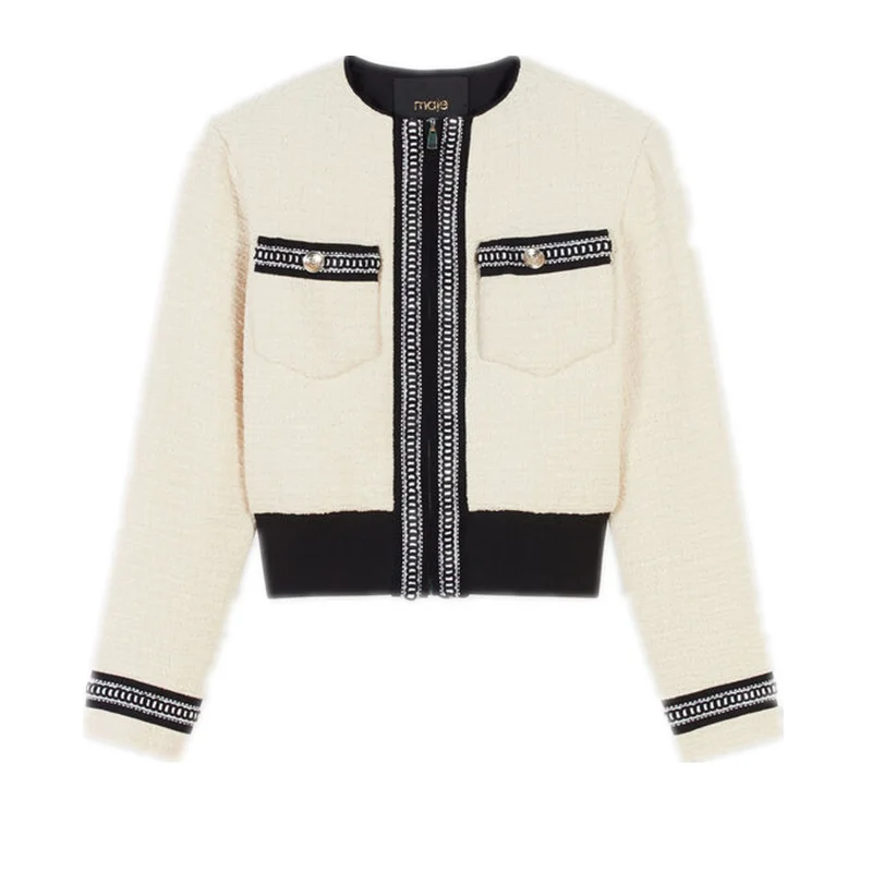 Женская твидовая укороченная куртка бежевое короткое пальто на молнии с круглым