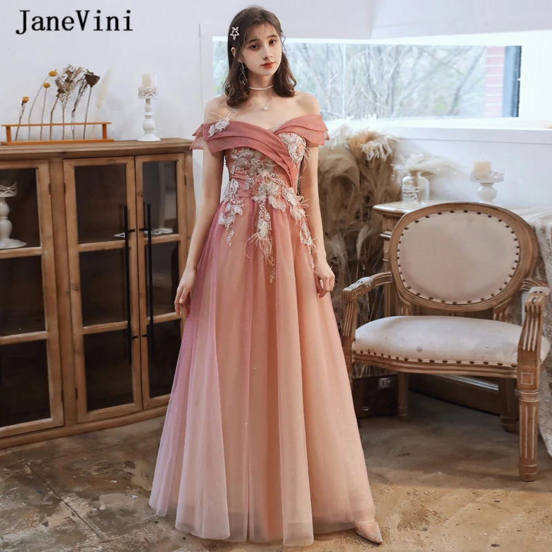 

JaneVini 2020 Sparkle Dress Charming Sequins Long Prom Dresses A Line Off Shoulder Lace Appliques Beaded Women Formal Prom Gowns