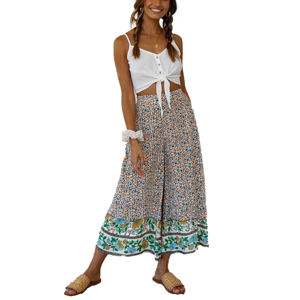 Новые модные женские богемные длинные брюки с высокой талией и цветочным принтом