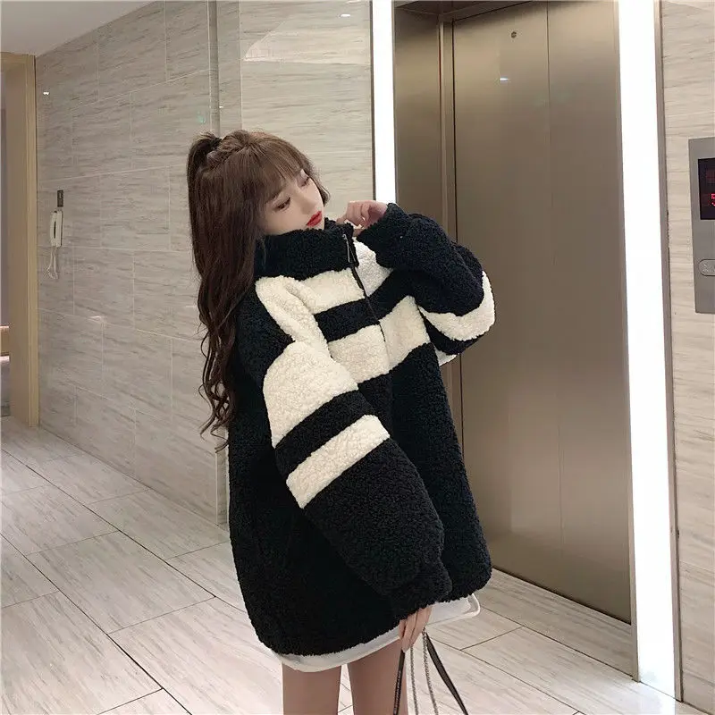 Lamb Wool Coat Women Winter Korean Version Of Thin Sweater Plus Velvet Thickening Contrast Color Wild Lazy Style Fried Street To |