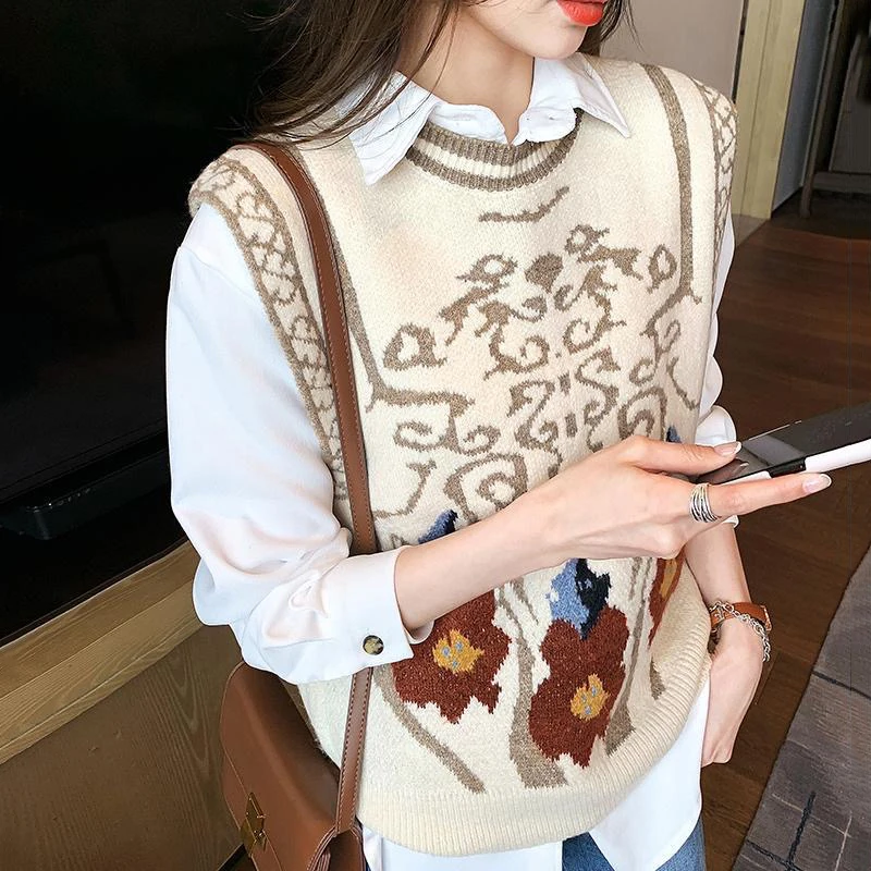 Женский трикотажный свитер без рукавов Свободный пуловер с винтажным принтом в