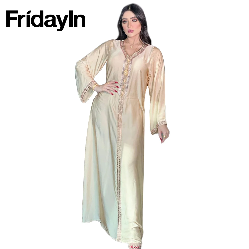 

FridayIn Autumn New Casual Middle East Arabian Gold Silk Robe Solid Color Muslim Clothes Long-sleeved Big Swing Women's Dresses