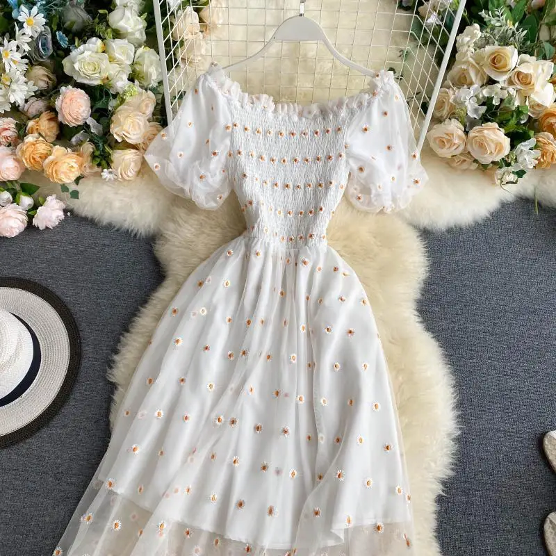 Summer women's dress small daisy collar super fairy sweet net yarn gentle wind beach wind long skirt