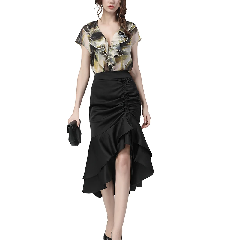 

Summer New Ruffles Mermaid Skirt Women High Waist Drawstring Pleated Midi Skirts Fashion Elegant Sexy Street Wear Bottoms