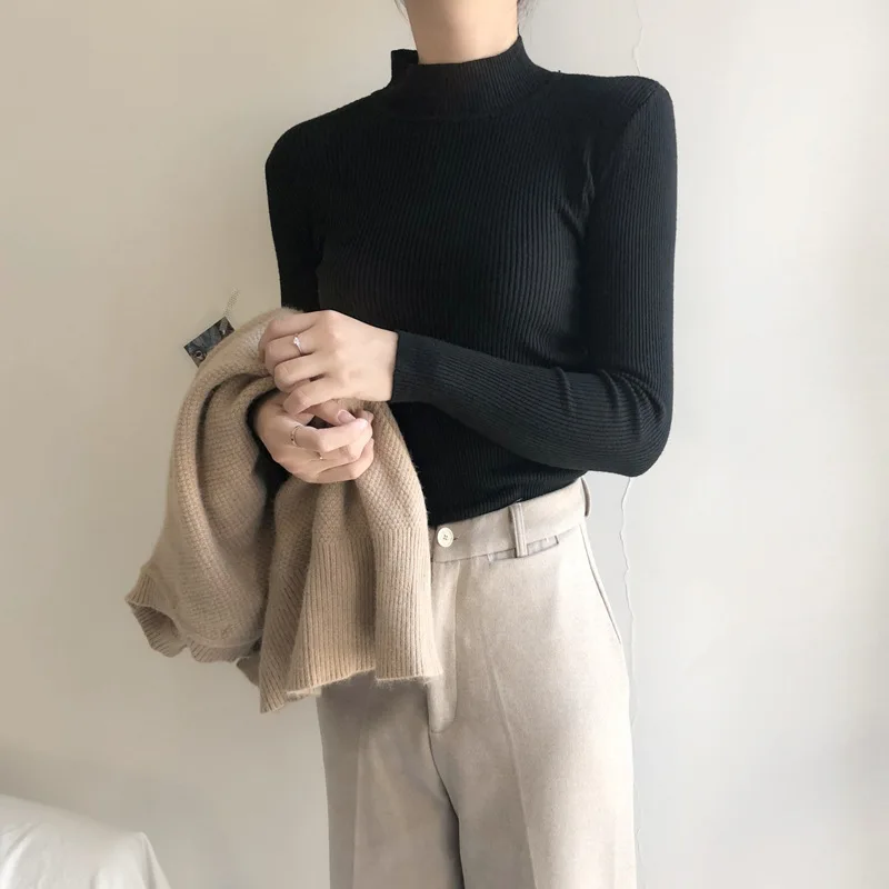 

New Solid Color Bottoming Sweater Slim Fit And Long Sleeve Knitwear Casual Warm Women's Half High Neck Sweater