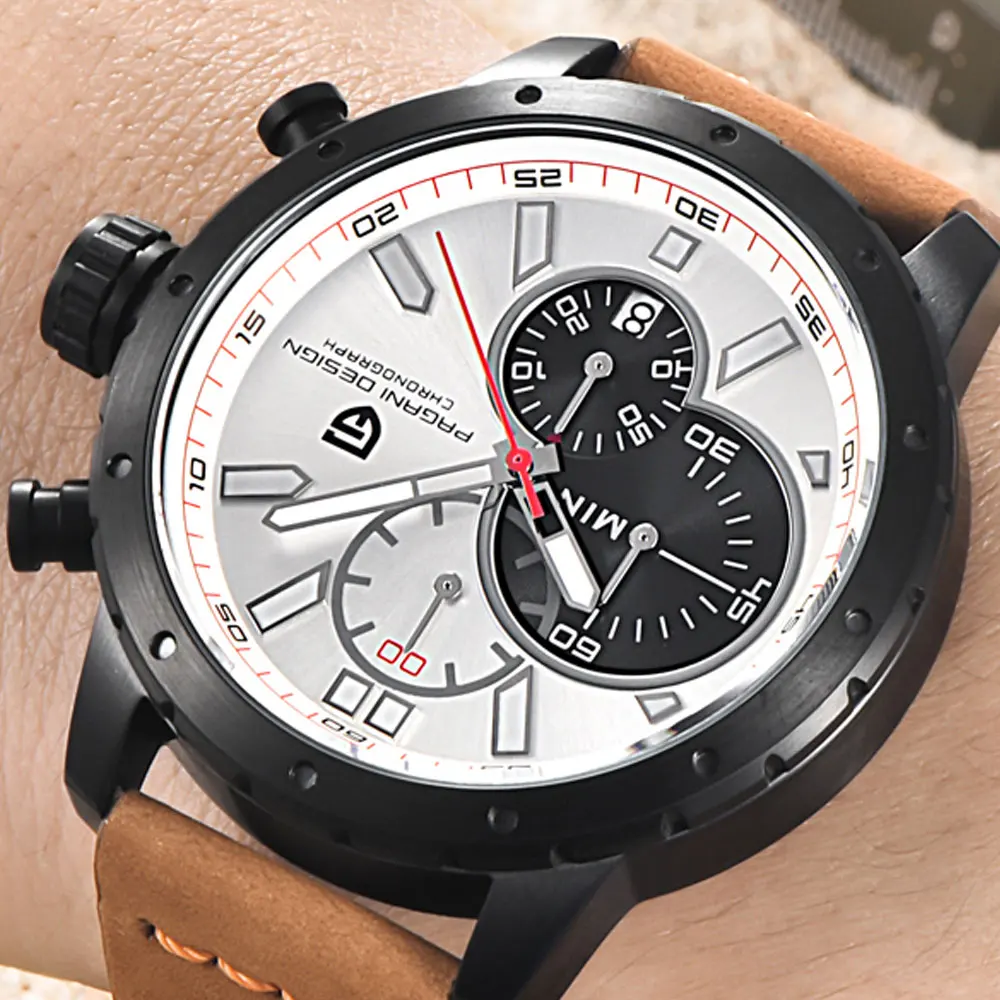 Часы Pagani design Мужские с хронографом Кварцевые спортивные белым циферблатом и