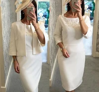 white knee length mother of the bride dresses pearls two piece with jacket satin wedding party prom groom gown vestidos