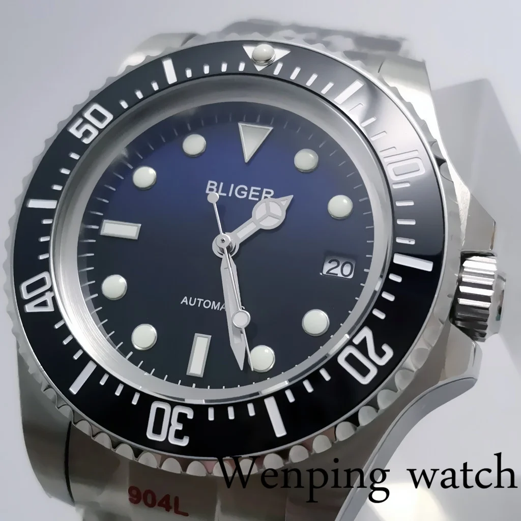 Мужские часы с циферблатом BLIGER большие 43 мм керамической оправой полусиним