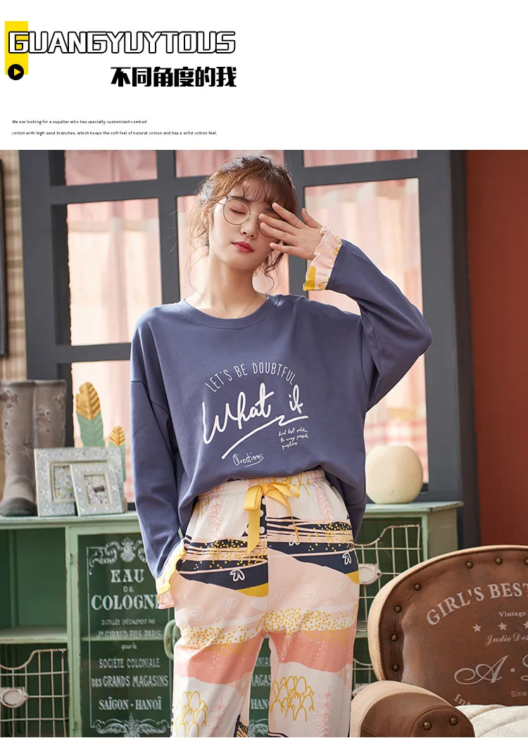 M L XL XXL XXXL 4XL Для женщин Хлопковая пижама комплект с принтом для девочек, пижамный комплект, пижама с длинными рукавами костюм Для женщин наборы пижам осень-зима
