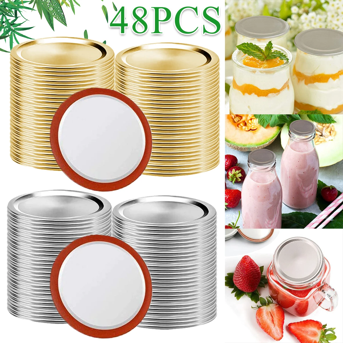 

48Pcs 86mm Wide Mouth Mason Jar Lids with Silicone Seals Rings Reusable Split Canning Cover Food Storage for Home Kitchen Party
