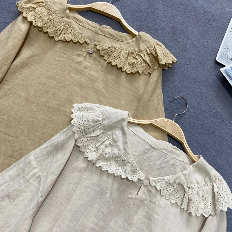 

Johnature Japanese Vintage Linen Women Shirts 2021 Spring New Ruffles Collar Loose Solid Color Female Blouses