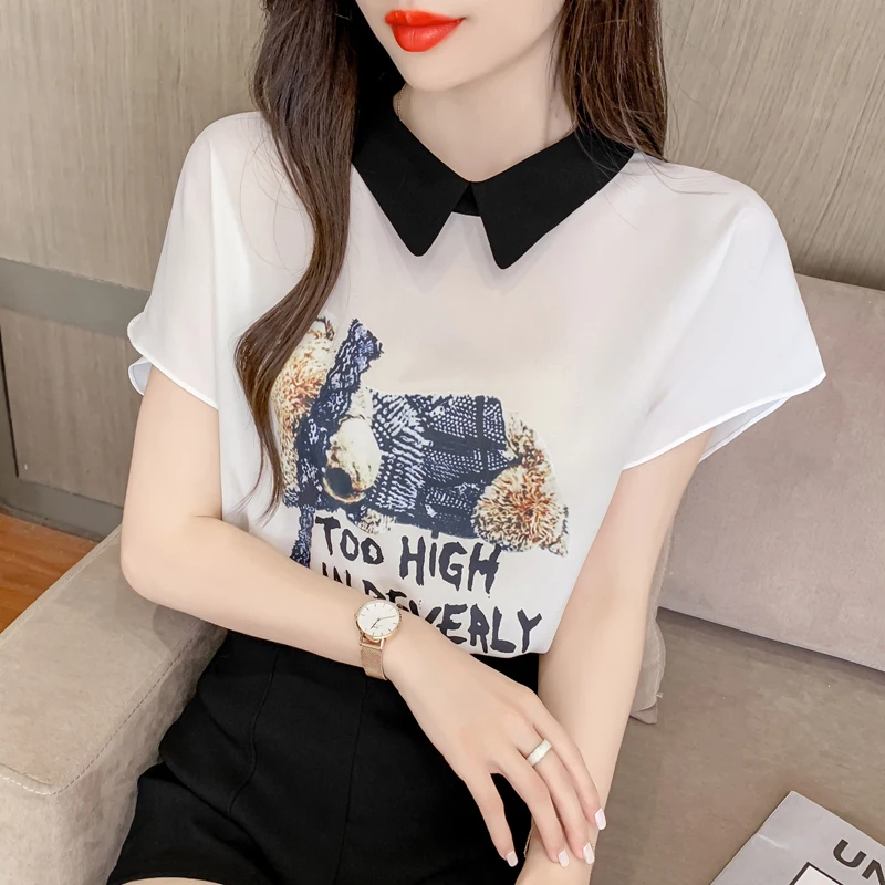 

Women's Blouse Doll Collar Printed Shirt Chiffon Top Short Sleeve Tops Fashion Casual Shirts Cartoons Summer New 10110