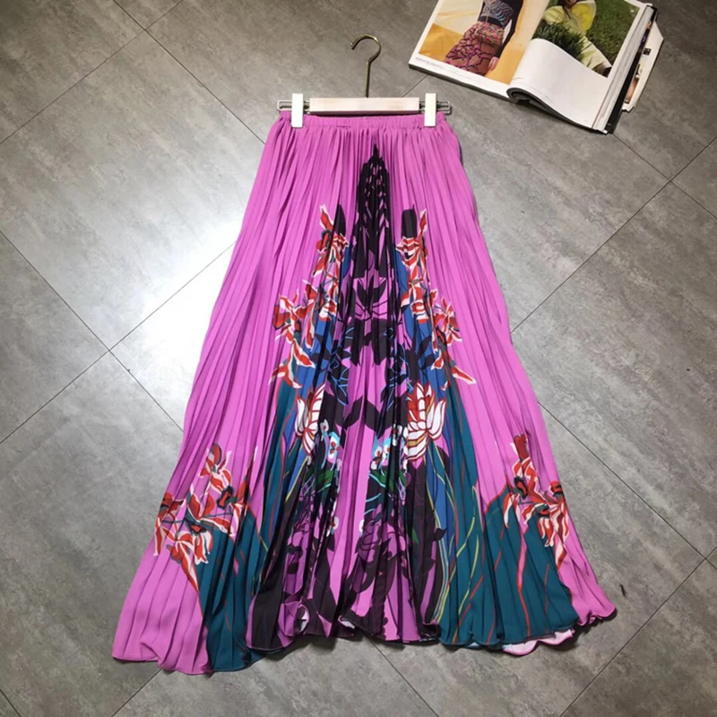 

Runway Fashion 2020 Spring Summer Women 2 Piece Set Tassel Purple Loose Blouse + Print Pleated Skirt Twinset Lady Suit