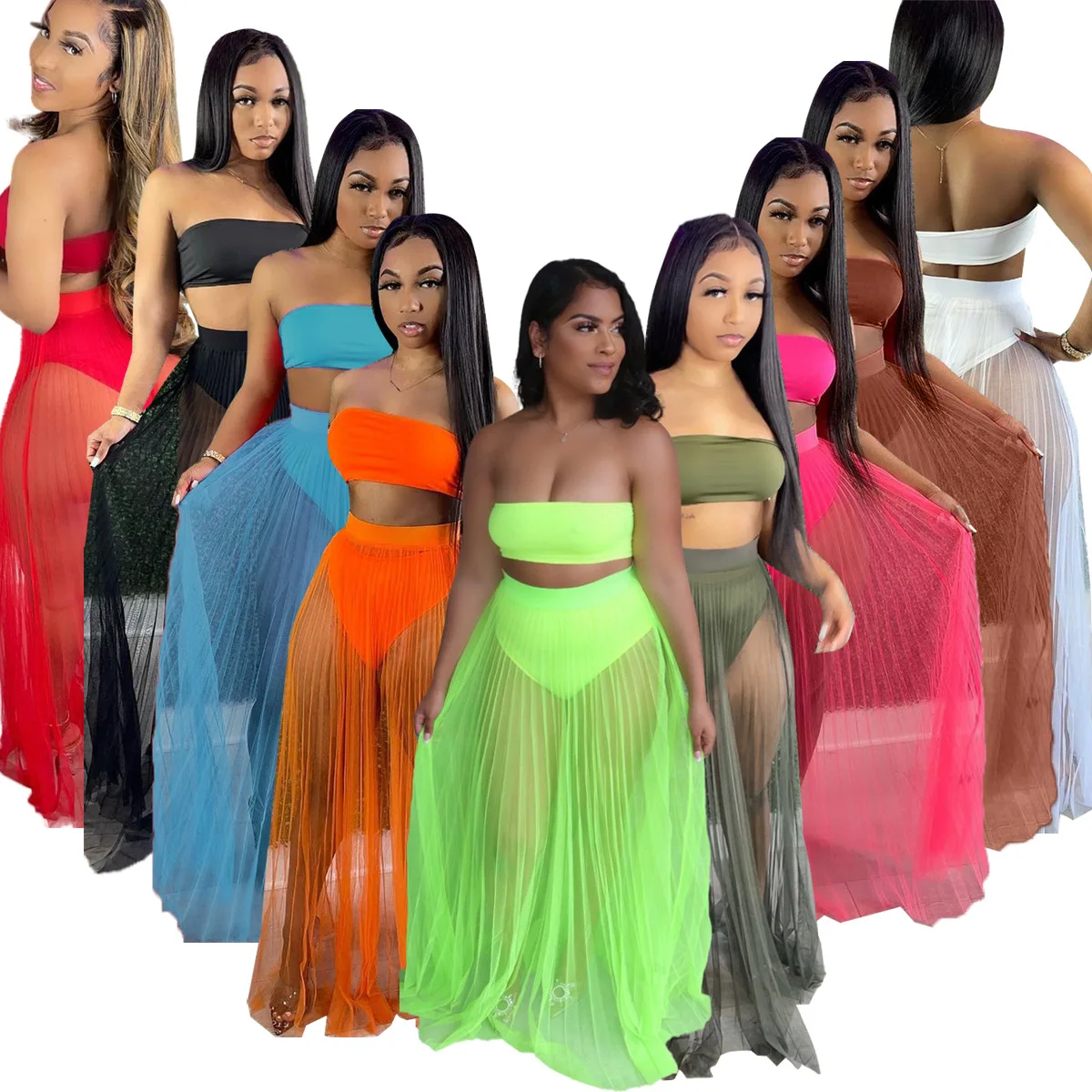 

Strapless 2 Pieces Mesh Skirt Sets Women Sexy Tube Crop Top and Long Pleated Skirt Sets Summer See Through Clothes Beach Wear