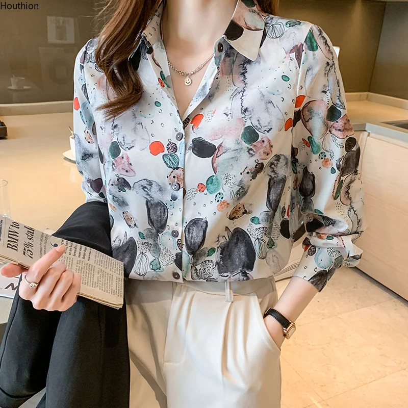 

Autumn New Women's Blouses Polo Shirt Long Sleeve Tops Stitching Blouse Printing Satin Casual Fashion Lady Loose