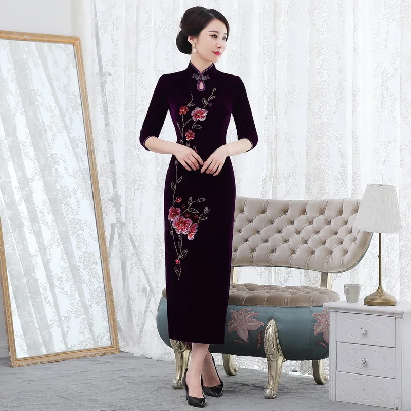 Женское бархатное платье Cheongsam длинное платье-Ципао с волной культивирования