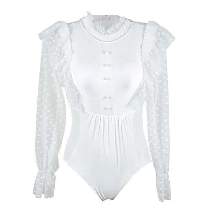 

White Women's Swimsuit Backless Push Up Swimwear One Piece Suit Summer Pool Swimming Tight Transparent Long Sleeve Bathing Suit